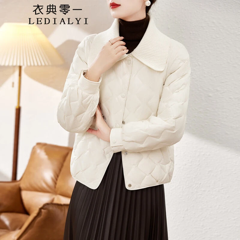 时尚高端针织拼接90白鸭绒羽绒服女短款2024冬装新款保暖显瘦外套