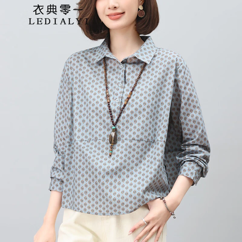 纯棉长袖衬衫女2025春秋新款宽松气质休闲小个子短款套头印花上衣