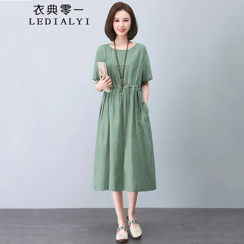 棉麻连衣裙2025夏季女装新款休闲气质中年显瘦遮肚子亚麻裙子夏天