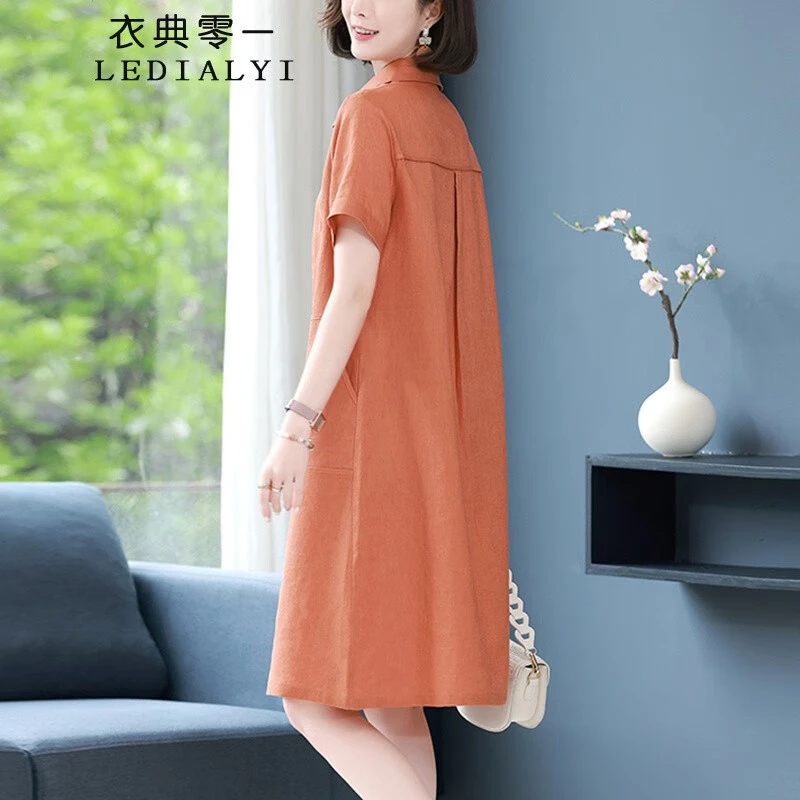 棉麻连衣裙女夏a字衬衫裙2025新款宽松休闲直筒高端亚麻裙子妈妈