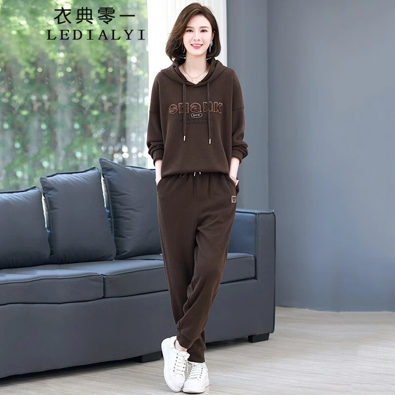 时尚洋气休闲卫衣卫裤运动服套装女2025春秋季女装中年连帽两件套
