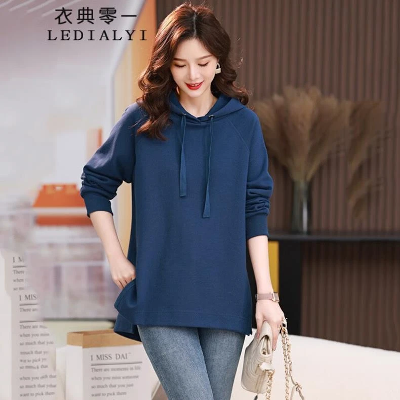 2023春秋季女装新款时尚休闲宽松中年小个子连帽卫衣女中长款上衣