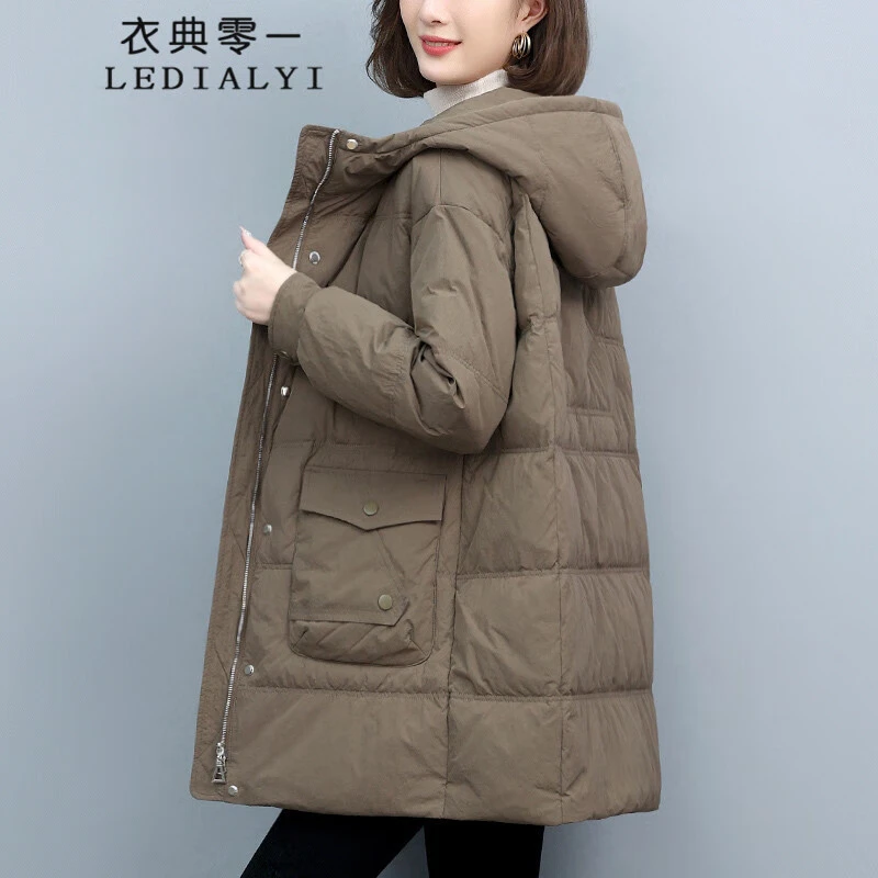 羽绒服女款中长款冬季休闲气质连帽小个子高品质白鸭绒加厚外套