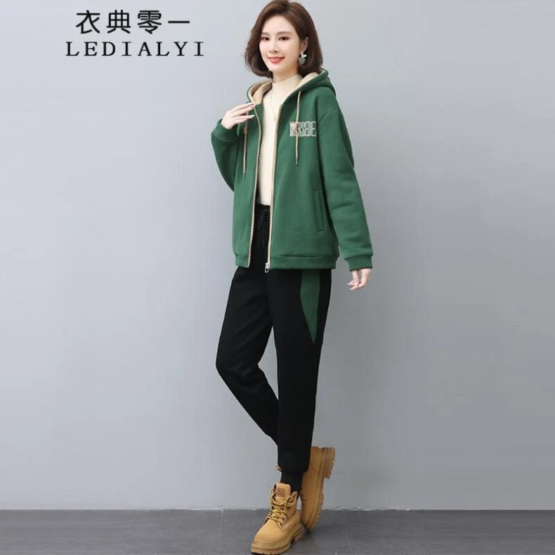 加绒加厚时尚休闲运动服卫衣套装女秋冬季女装新款卫裤子两件套