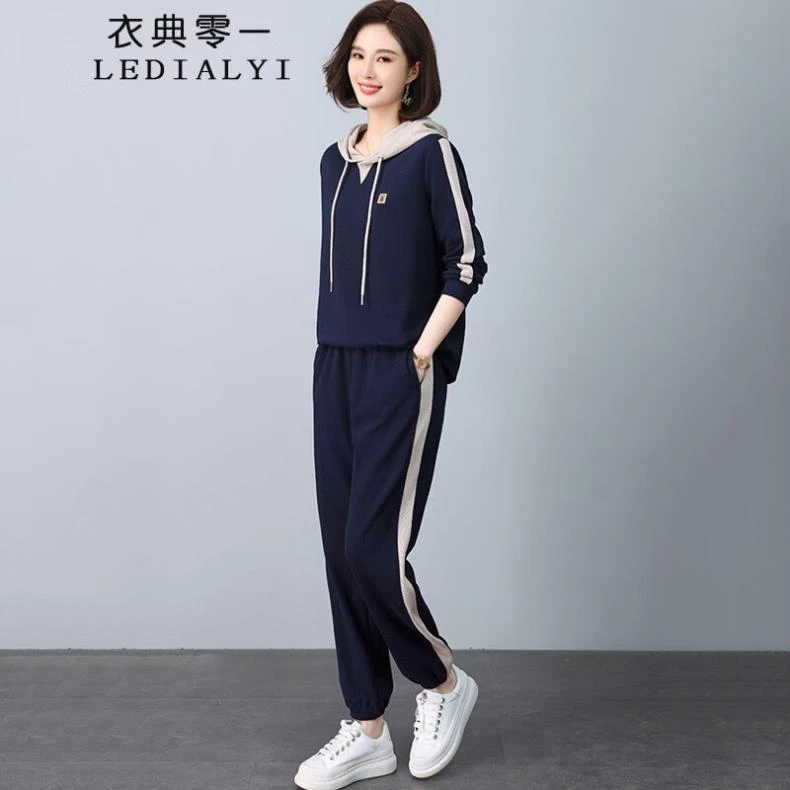 时尚高档气质卫衣卫裤休闲运动套装女大码春秋季中年宽松束脚裤子