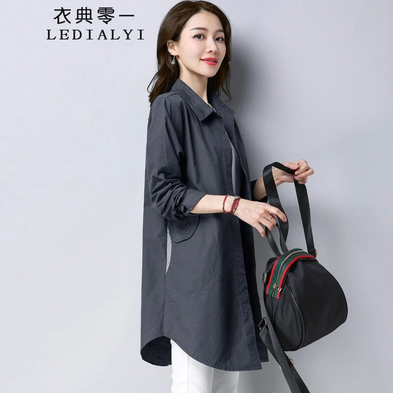 纯棉衬衫女长袖春秋季时尚休闲中长款宽松显瘦大码衬衣外套薄款