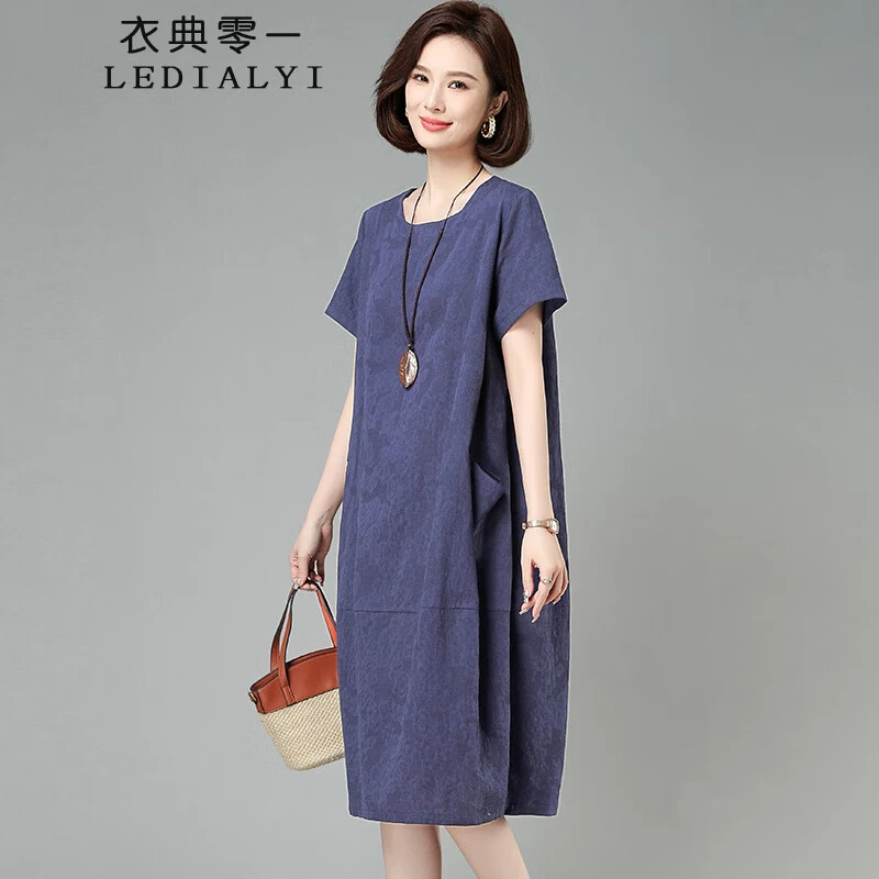纯棉连衣裙女短袖2025夏季新款宽松大码洋气休闲气质妈妈装薄裙子
