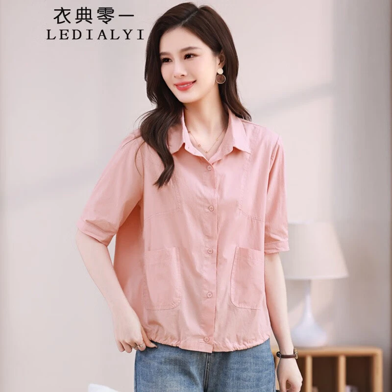 中年纯色减龄纯棉衬衫短袖女夏全棉薄款妈妈时尚显瘦休闲洋气上衣