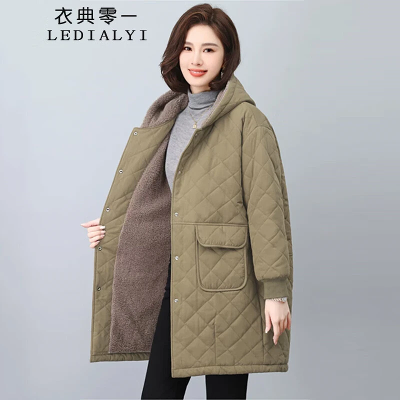 加绒棉服女士中长款冬季新款宽松大码加厚保暖棉衣冬天女装外套