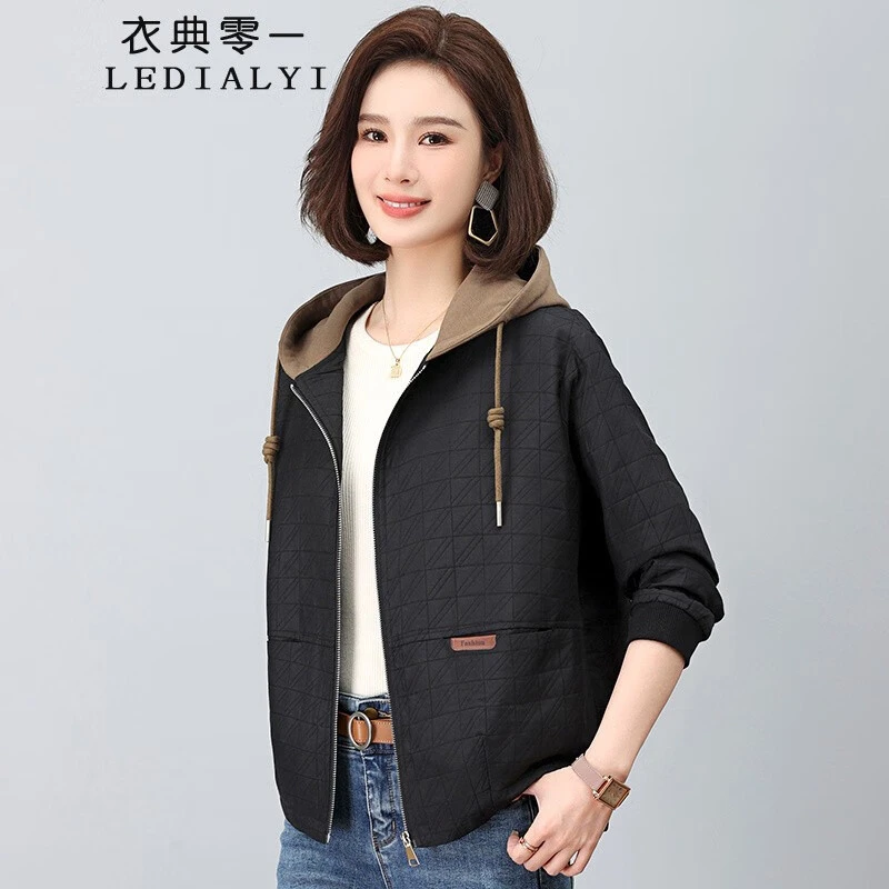 短外套女2023春秋季女装新款休闲时尚洋气中年连帽薄款夹克上衣