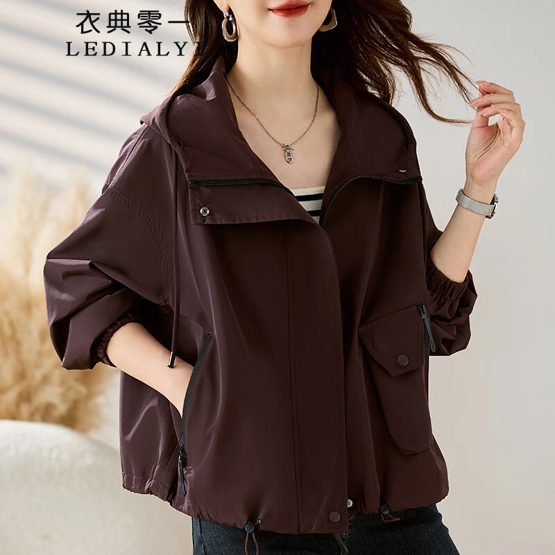 风衣女款2024新款春秋短款连帽拉链开衫中年妈妈秋季薄款夹克外套