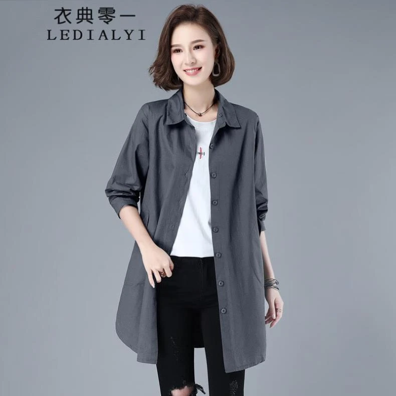 时尚休闲中长款衬衫外套女装春秋季宽松大码显瘦长袖衬衣纯棉上衣