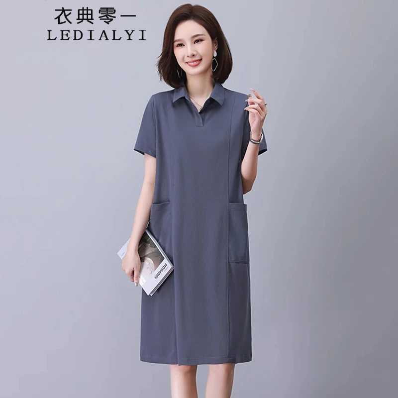 休闲直筒polo连衣裙2025新款中年妈妈气质翻领短袖裙子女夏中长款