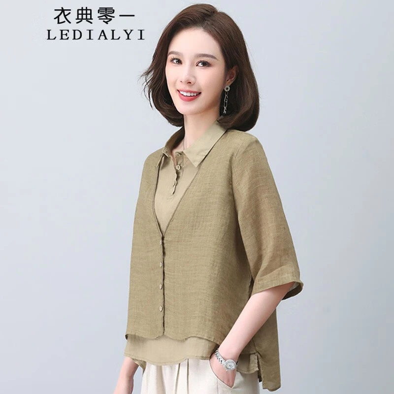 2024夏季女装新款高档休闲洋气中年棉麻衬衫女假两件短袖衬衣上衣
