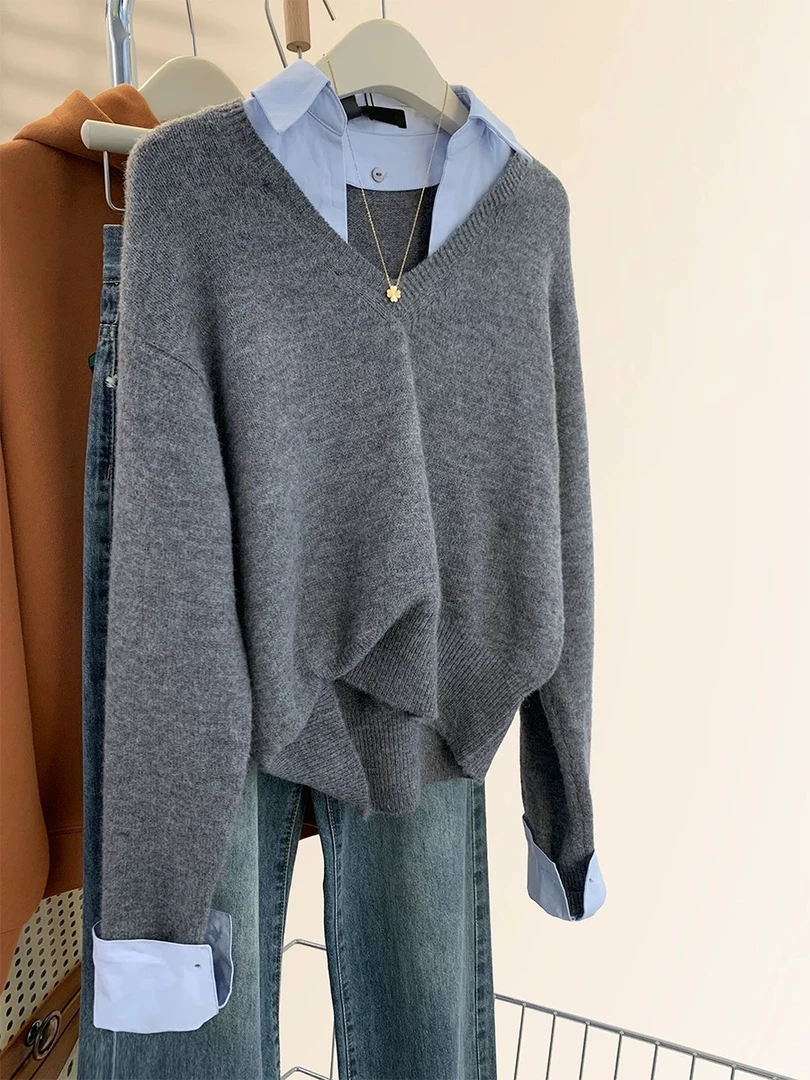 可拆卸假两件衬衫领拼接复古毛衣女秋冬新款时尚针织打底衫上衣