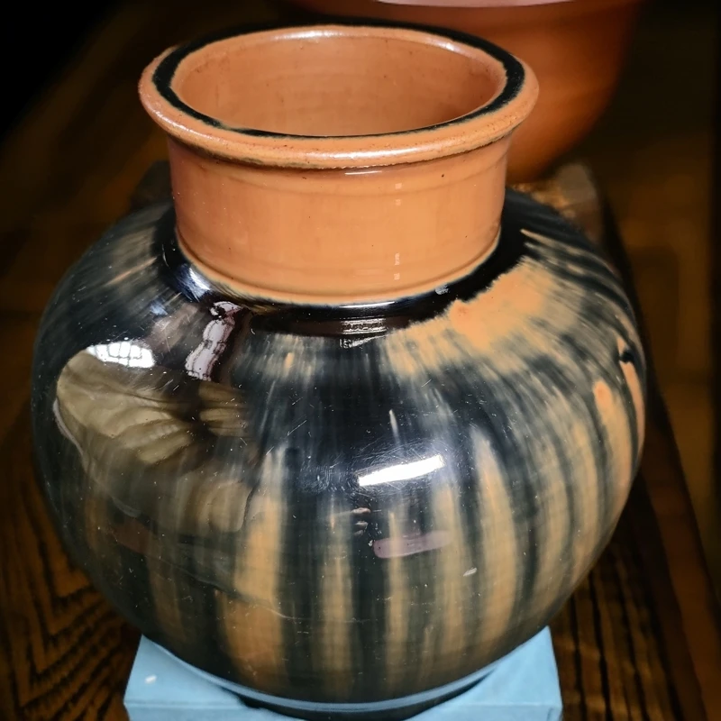 北方老窑黑色耀州手工家用黑瓷窑变大肚罐子茶室插画摆件家用创意