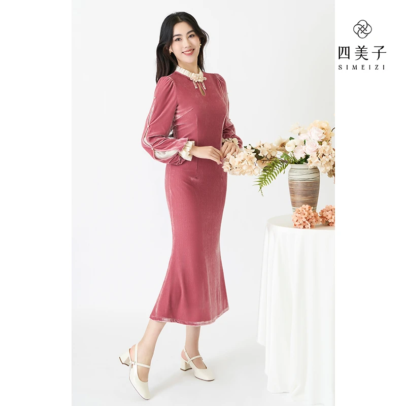 四美子桃月秋冬季丝绒法式立领连衣包臀裙旗袍裙优雅气质显瘦新品
