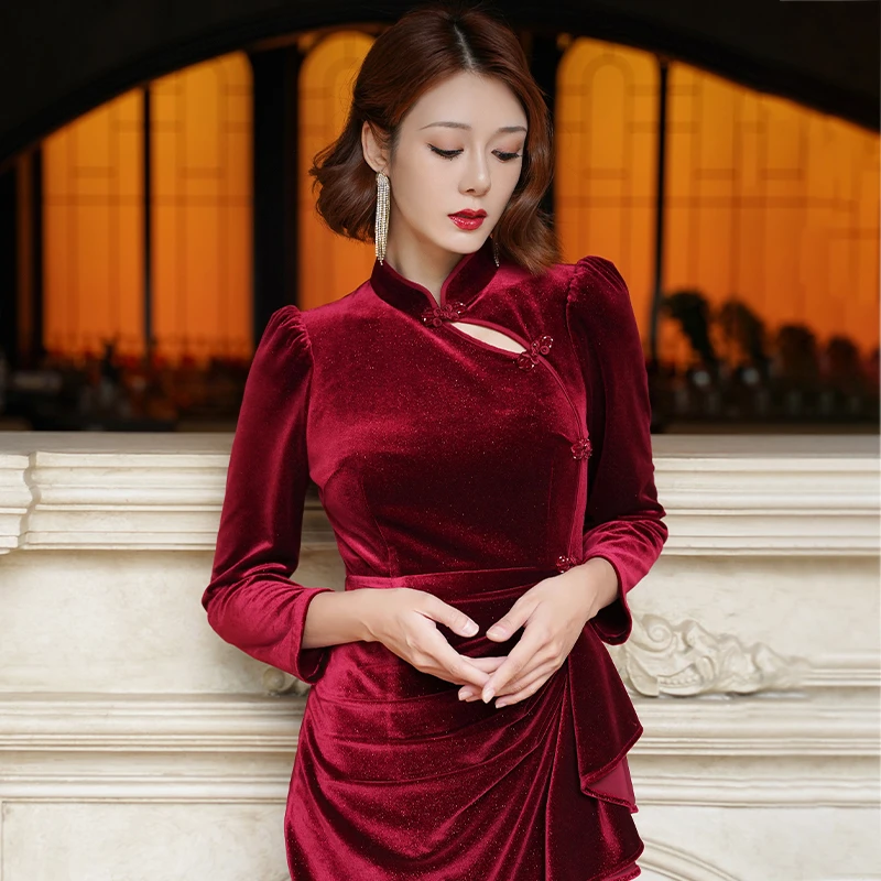 【特惠清仓】丝绒敬酒服气质灵泽秋冬改良旗袍裙连衣裙中式礼服
