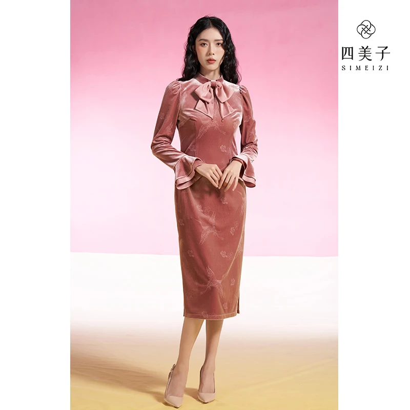 四美子如鹤秋冬季连衣裙旗袍优雅气质时尚中国风新款新中式女装