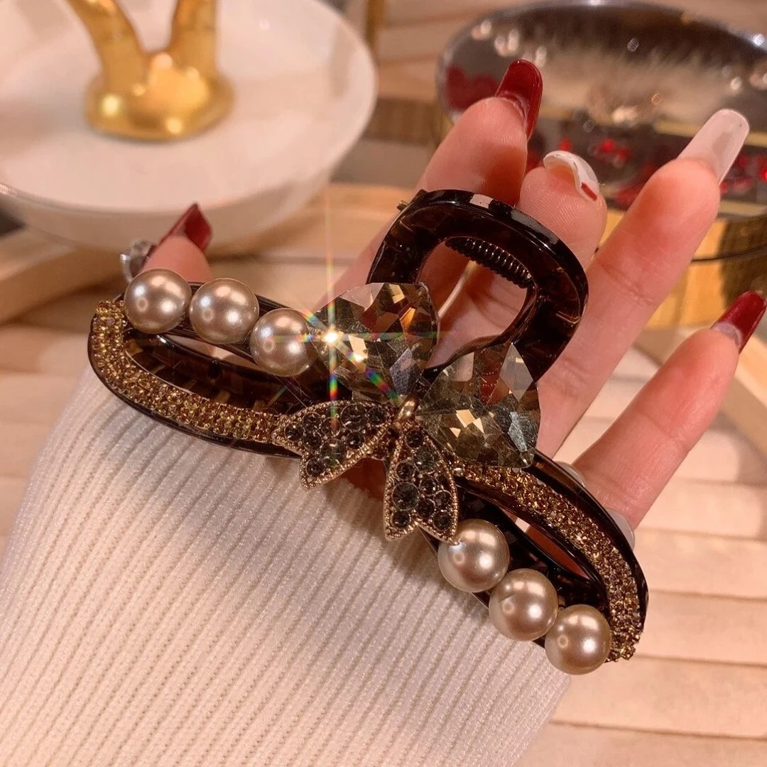 韵予C1017韩版优雅轻奢满钻蝴蝶结珠珠抓夹9cm气质百搭头饰发夹