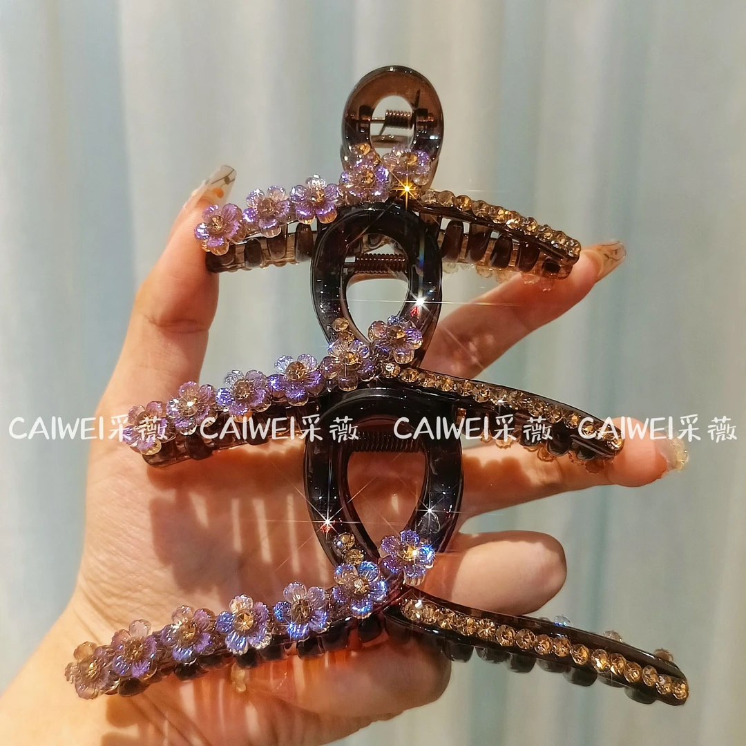 A1103秋冬上新莫奈紫花花带钻大抓夹鲨鱼夹暖色系超仙气质优雅