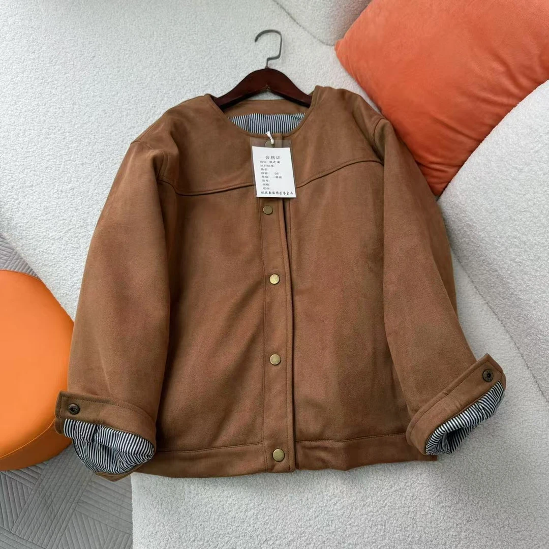 秋冬女圆领夹棉外套复古宽松休闲加棉外套棉服