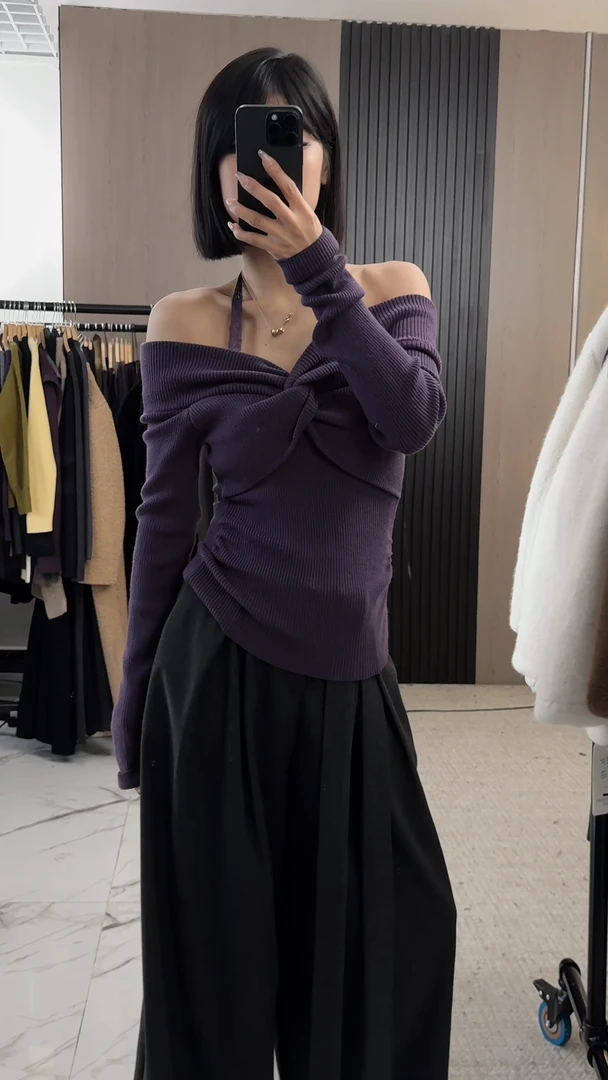 【ZZ严选】948法式蕾丝挂脖扭结套头针织衫女一字露肩修身毛衣秋冬