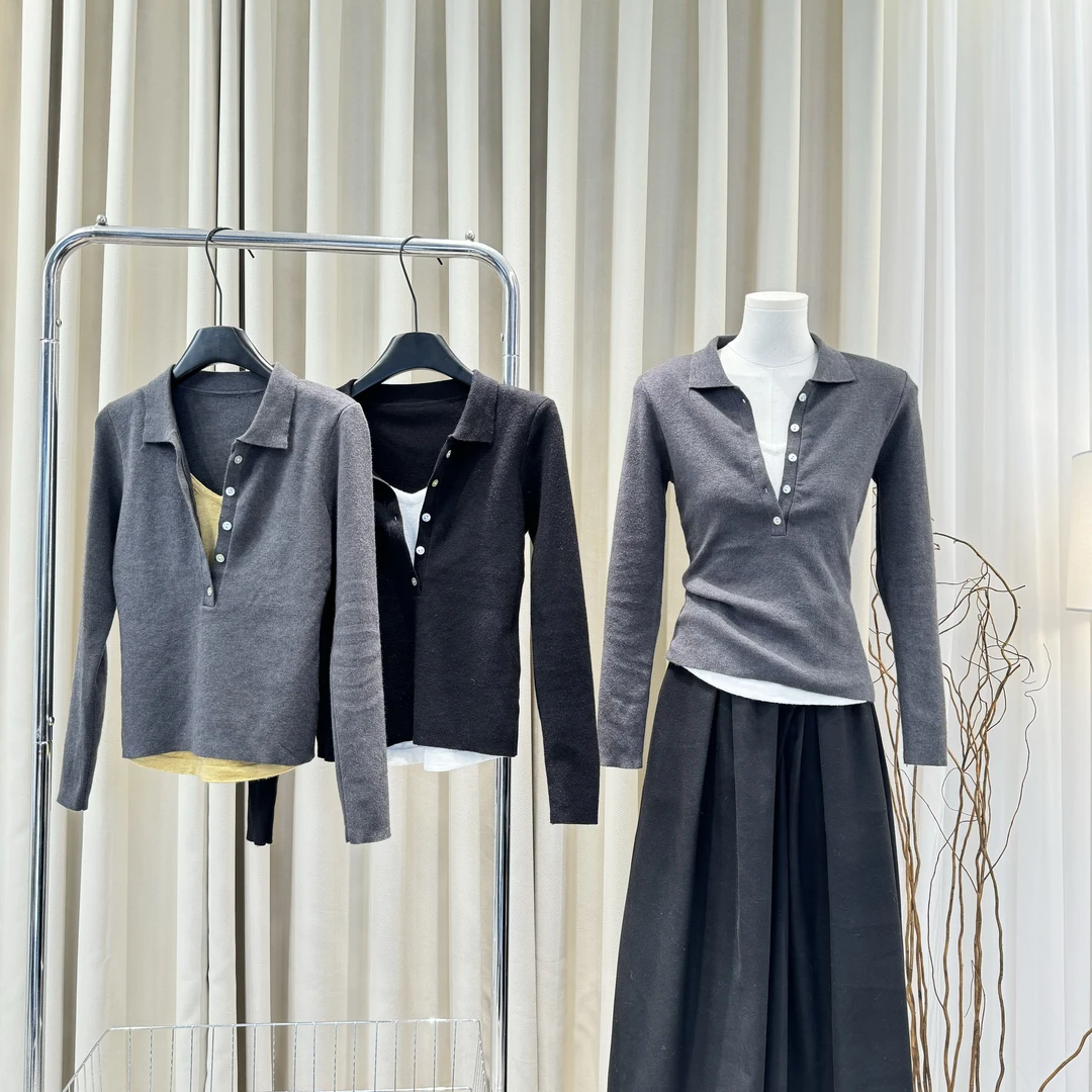 【ZZ严选】71163Polo领套头针织开衫女修身打底假两件毛衣外穿秋冬