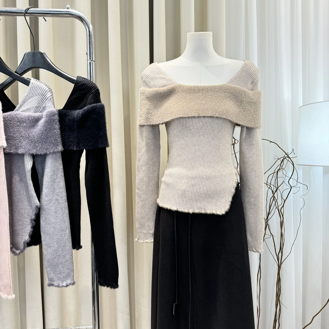 【ZZ严选】833法式毛绒一字肩针织衫女不规则开叉套头气质毛衣秋冬