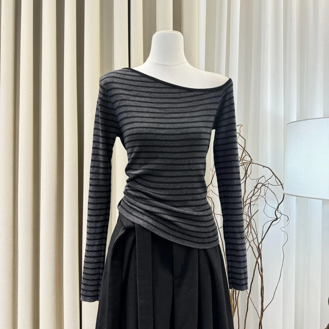 【ZZ严选】8891甜辣妹条纹一字斜肩长袖T恤女小众修身秋冬短款上衣