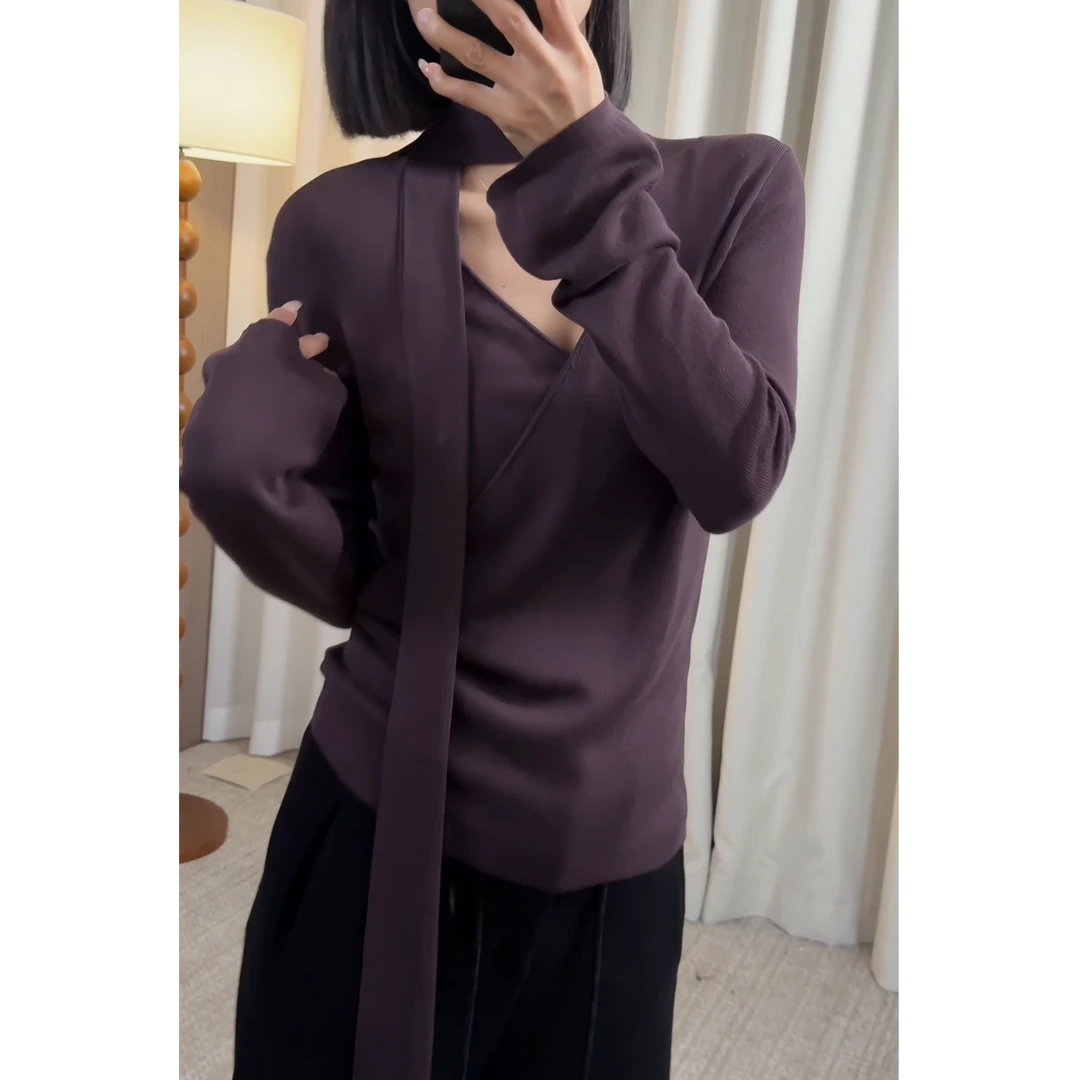 【ZZ严选】71214秋冬超显白紫色套头针织衫女法式飘带修身打底毛衣