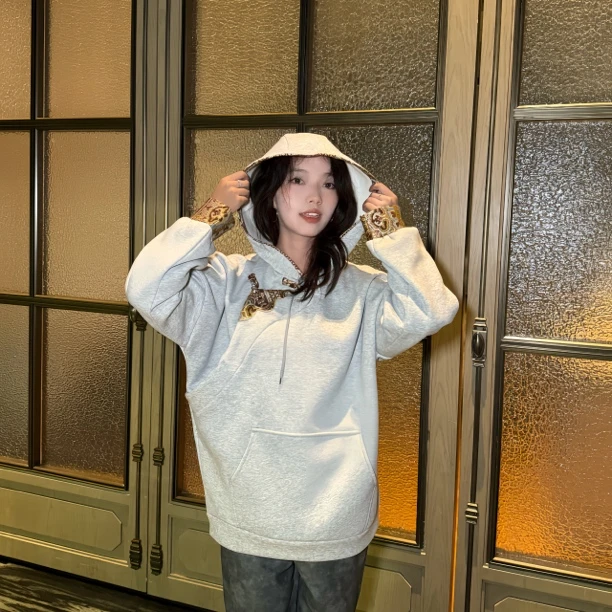 夕马乐 |灰色连帽卫衣藏式加绒宽松男女同款加厚纯色慵懒风民族