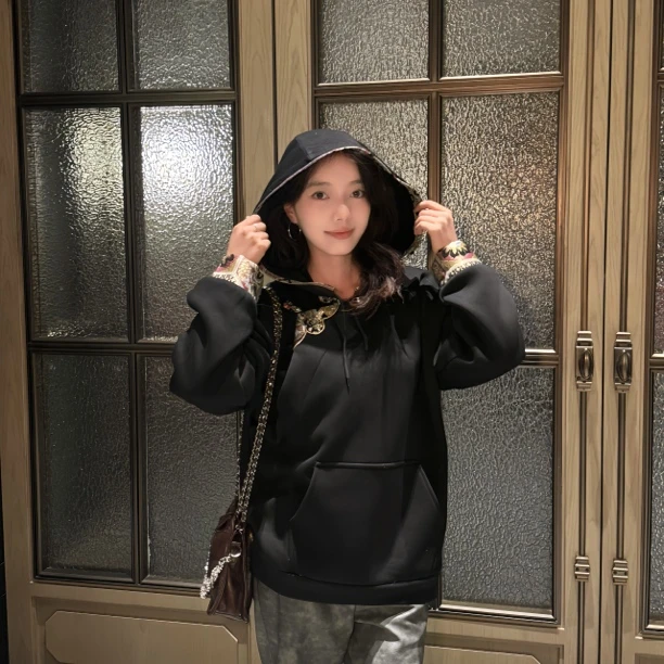 夕马乐 |黑色秋冬连帽卫衣加绒藏式男女同款宽松加厚民族风美式