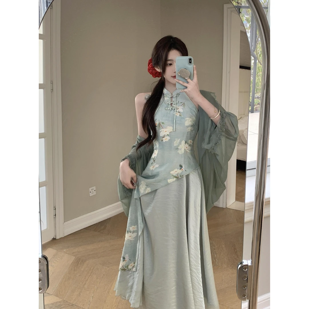 新中式国风绝美小裙子高级感仙气质无袖挂脖改良旗袍连衣裙春夏季