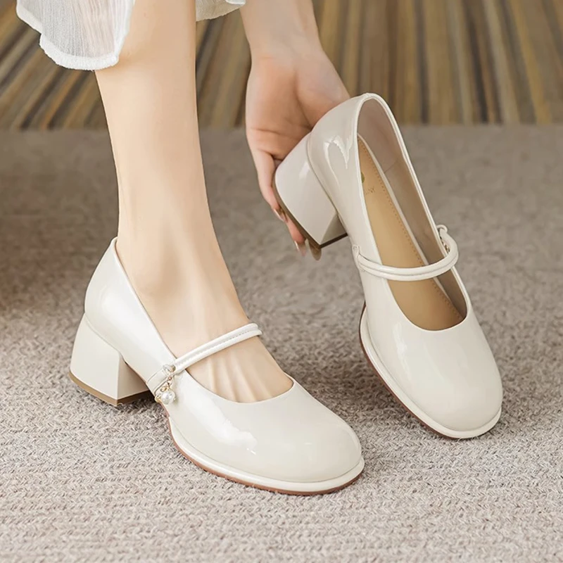 卓诗尼粗跟玛丽珍鞋女2024夏季高跟单鞋法式气质单鞋一字带女鞋