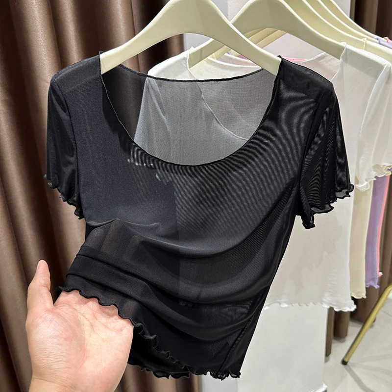 大码冰丝网纱低领短袖t恤女夏装胖mm锁骨短款透视薄纱内搭打底衫