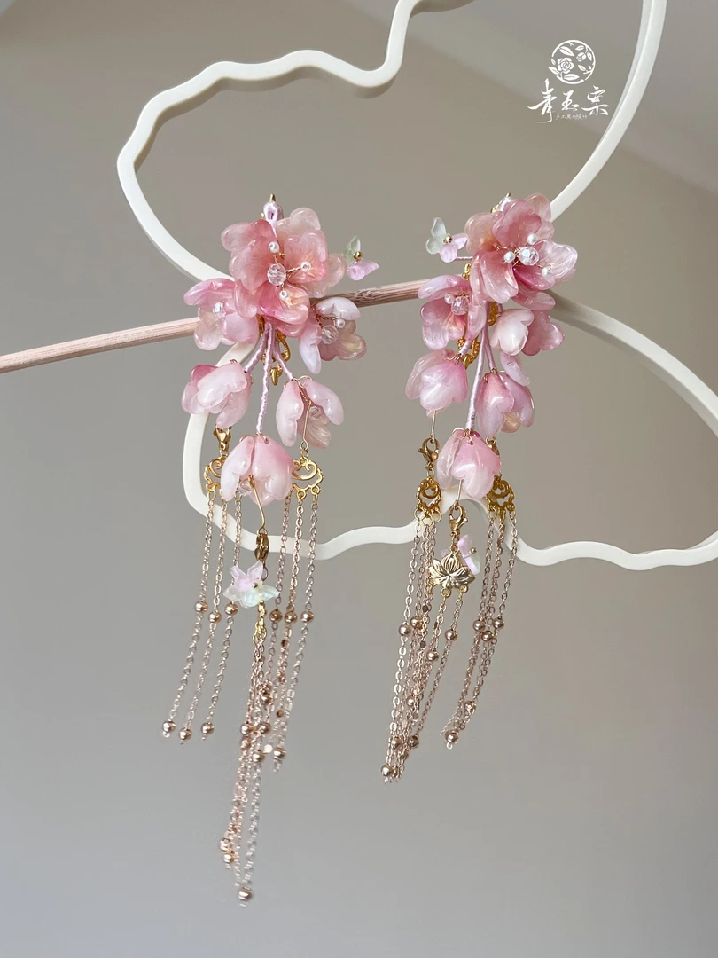 原创 《粉黛》仙气桃花流苏发夹琉璃簪花汉服配饰古风配饰