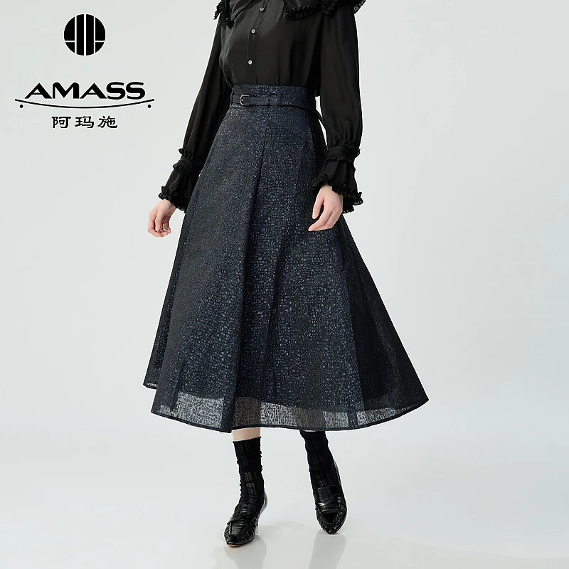 AMASS/阿玛施新款法式优雅细闪高腰长款半身伞裙附腰带女-5200444