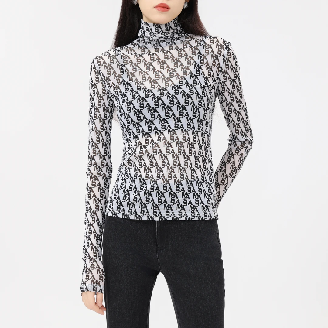 AMASS/阿玛施高领打底字母印花长袖纱衣T恤女5300587-2A17921-001