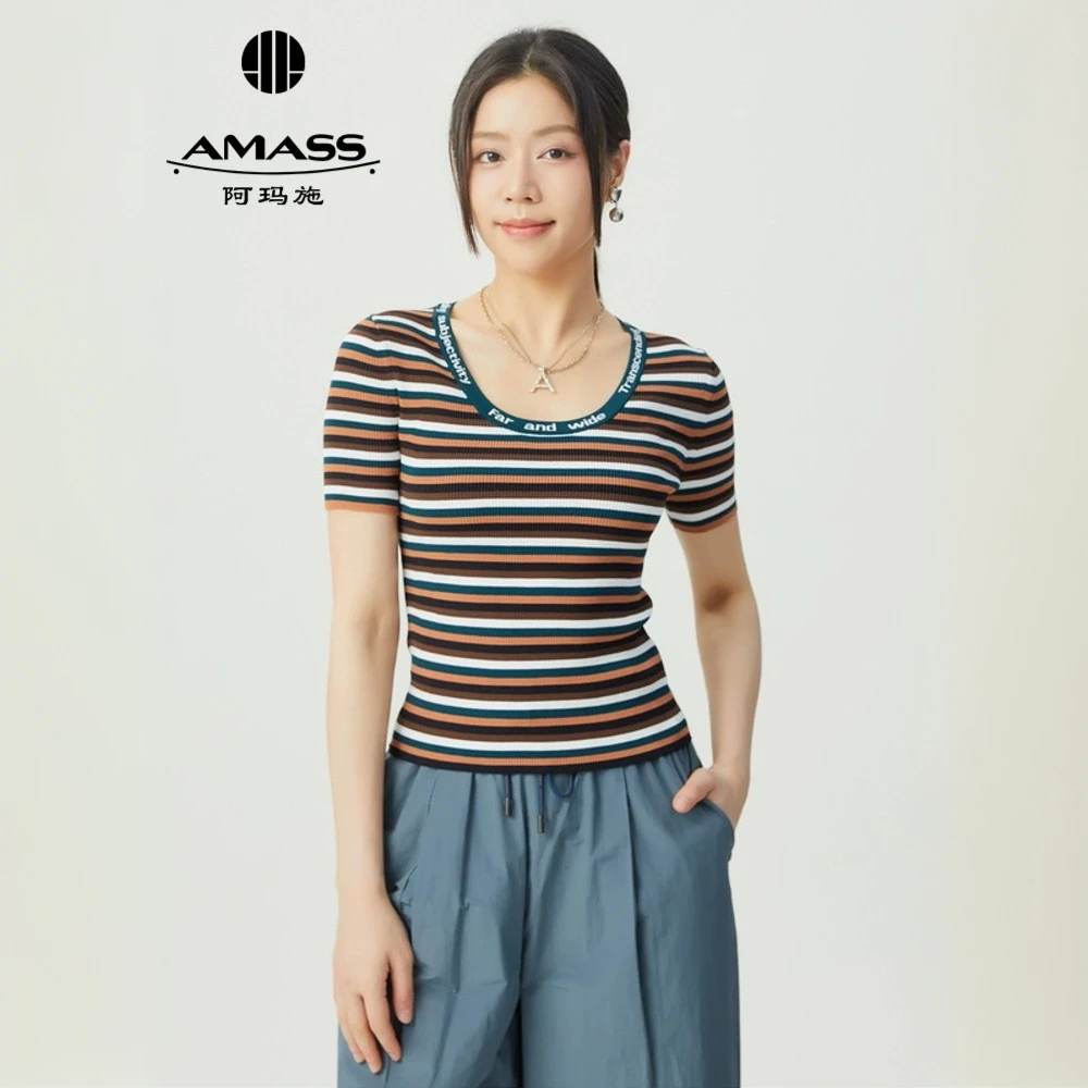AMASS/阿玛施莫兰迪色系条纹圆领修身显瘦短袖针织T恤衫女5399759
