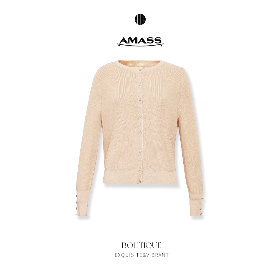 AMASS/阿玛施新款女装质感圆领长袖针织衫单排扣纯色开衫-5499093