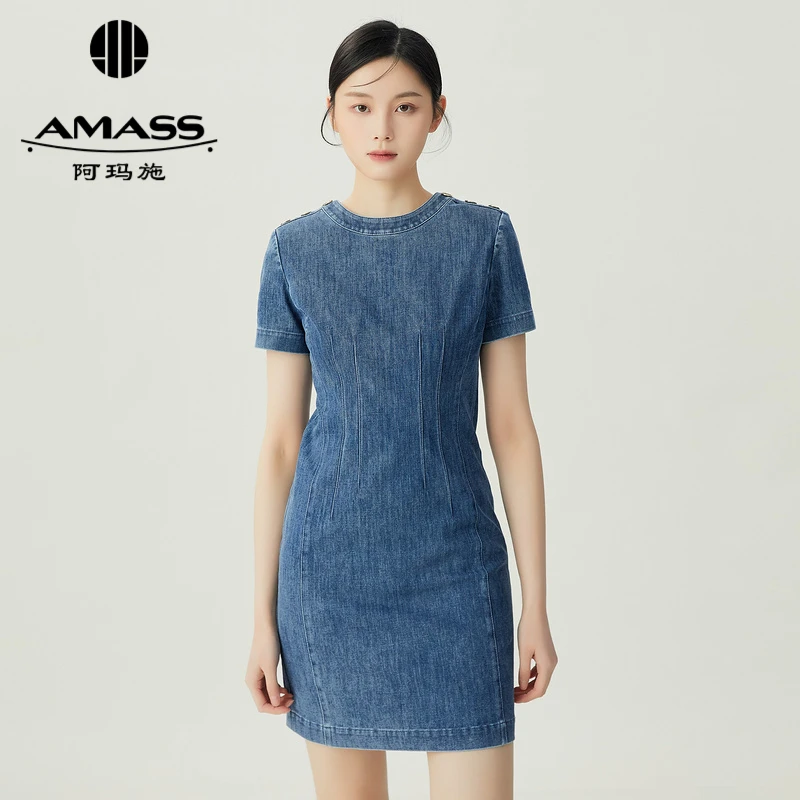 AMASS/阿玛施2024早秋复古俏皮收身牛仔洋装纯色连衣短裙-5500457