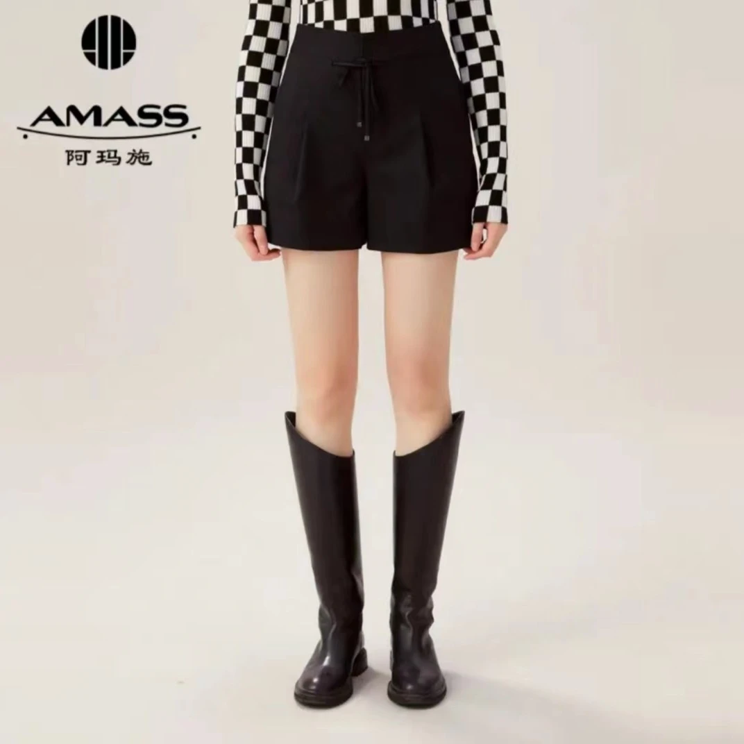 AMASS/阿玛施纯色高腰简约直筒显瘦抽绳短裤5100137-4231811-001