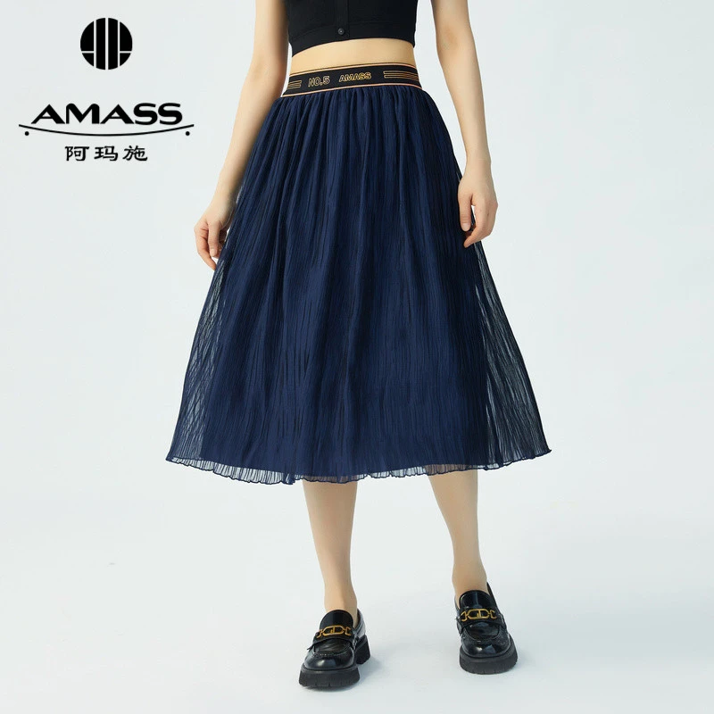 AMASS/阿玛施轻运动风高腰遮肉松紧带中长款百褶半身裙女-5200347