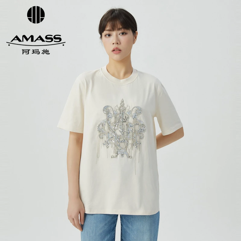 AMASS/阿玛施新款时尚闪耀之鼎女装质感绣花圆领短袖T恤女5300902