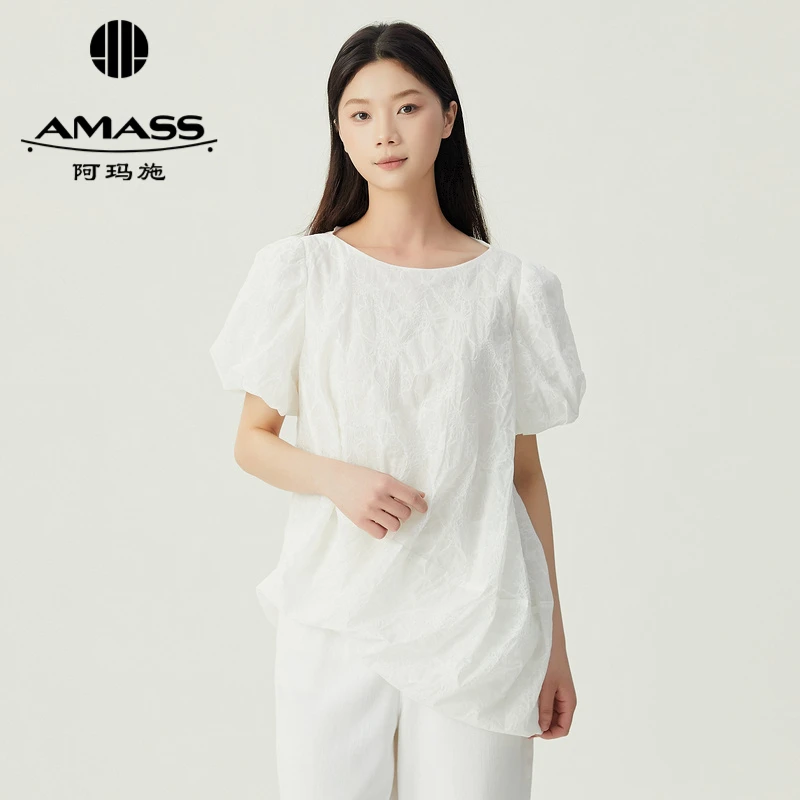 AMASS/阿玛施2024夏季白色肌理感泡泡袖造型上衣圆领T恤女5301077