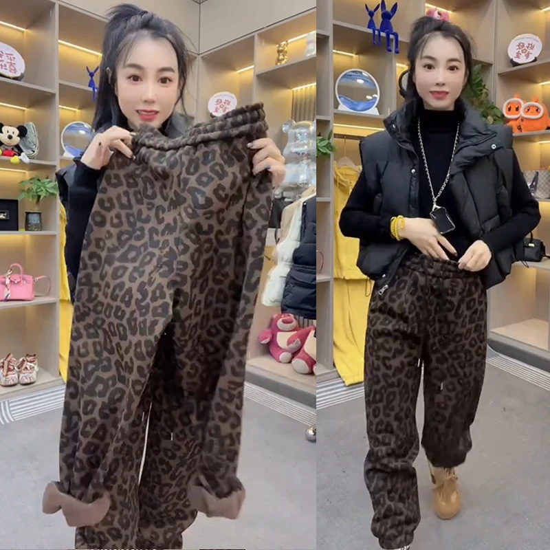 秋冬新款时尚中腰性感豹纹宽松加绒加厚保暖时尚束脚裤女款卫裤潮