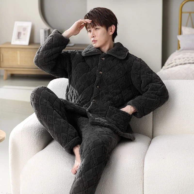 【才华横溢】男款翻领睡衣家居套装大码加厚保暖三层夹棉秋冬-lm