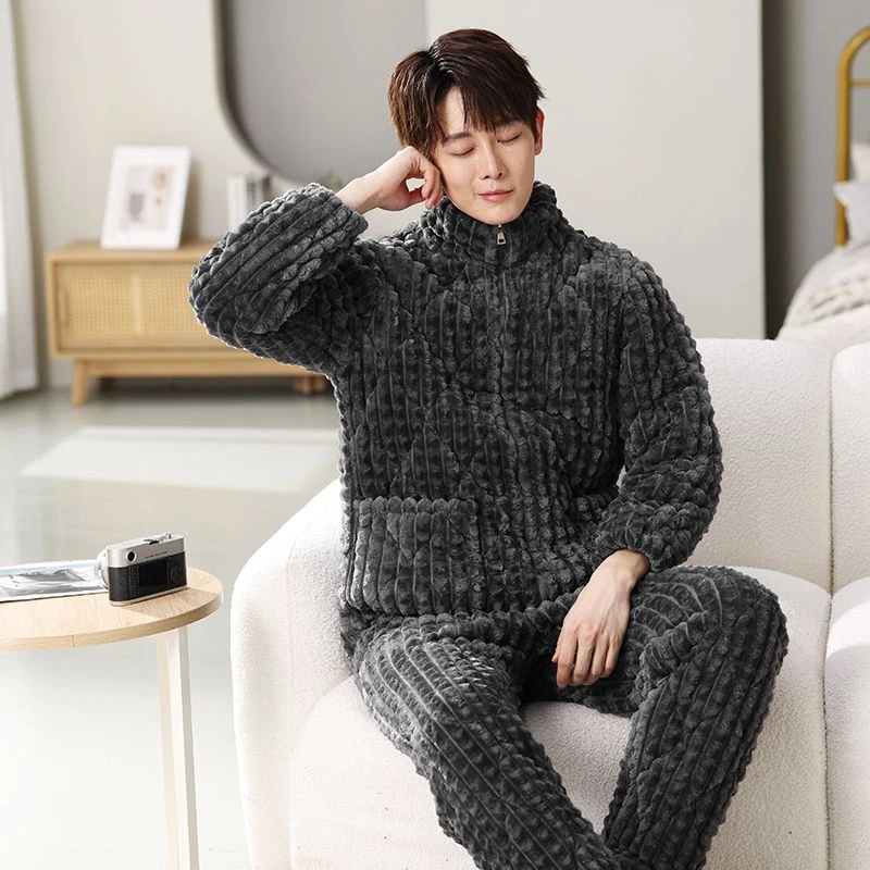 【高人雅士】男款睡衣立领拉链大码秋冬时尚保暖加绒加厚三层-xy