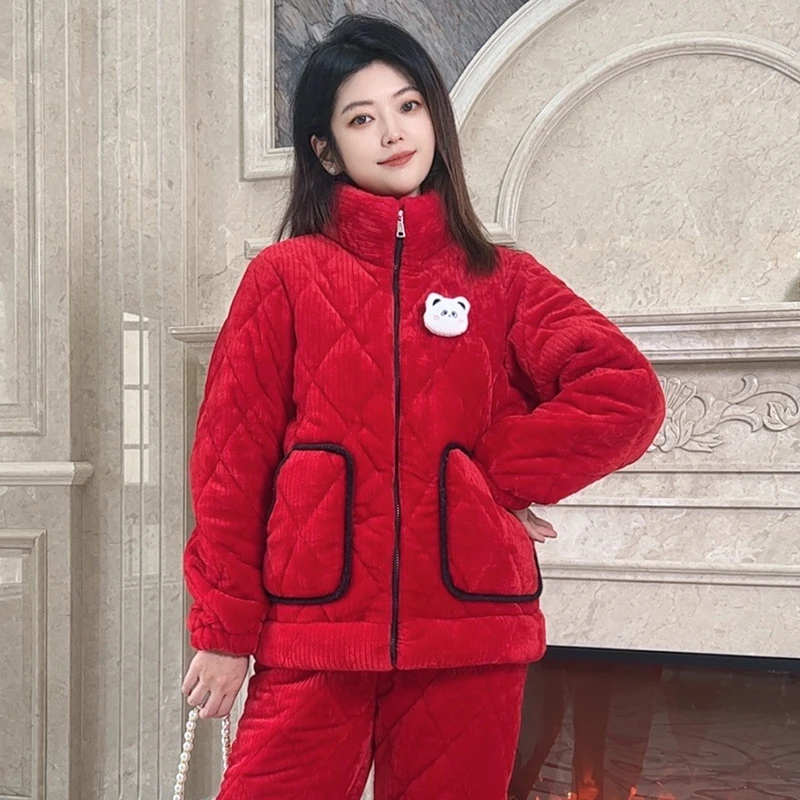 【绽放】保暖睡衣女士冬季三层加厚睡衣夹棉家居服加绒韩版本命年